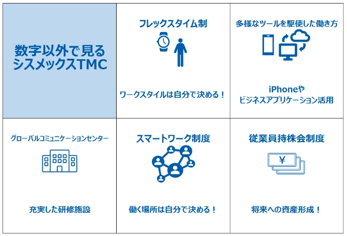 数字以外で見るシスメックスTMC：フレックスタイム制（ワークスタイルは自分で決める！）、多様なツールを駆使した働き方（iPhoneやビジネスアプリケーション活用）、グローバルコミュニケーションセンター（充実した研修施設）、スマートワーク制度（働く場所は自分で決める！）、従業員持株会制度（将来への資産形成！）